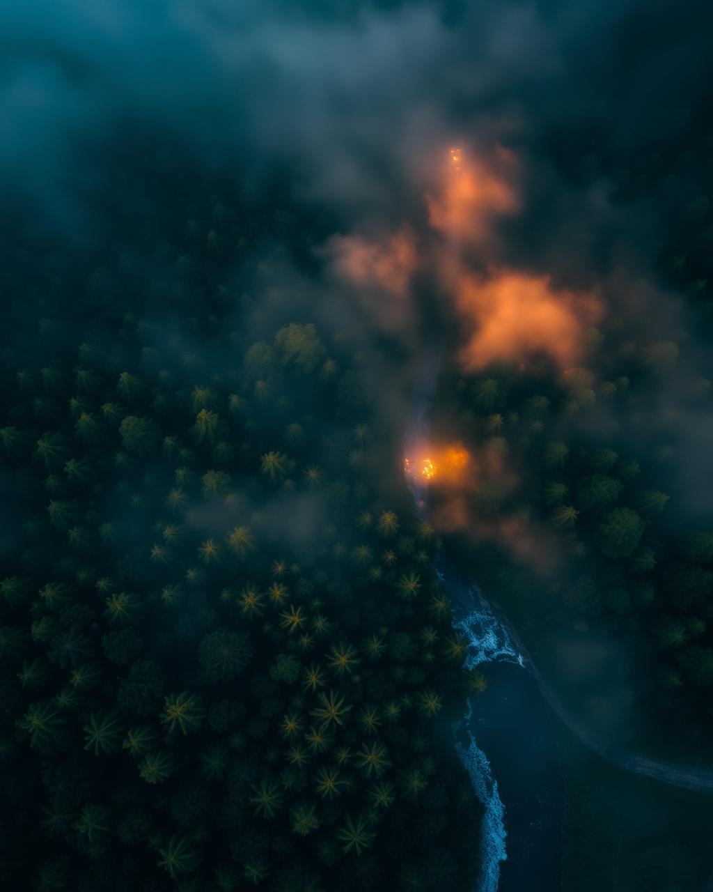 Aerial view above a forest treeline